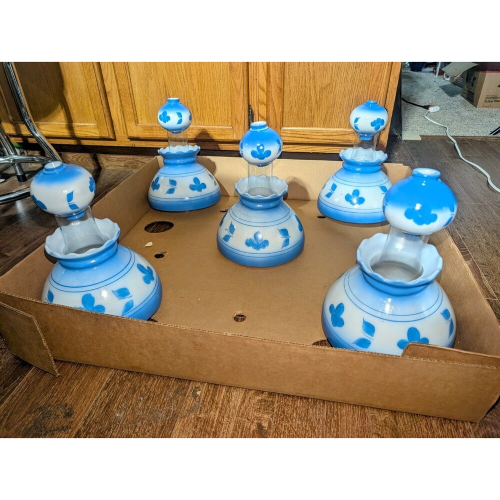 Vintage 15 Pc Set Fitter Blue Flower Glass Hurricane Lamp Shades & Ball Shades